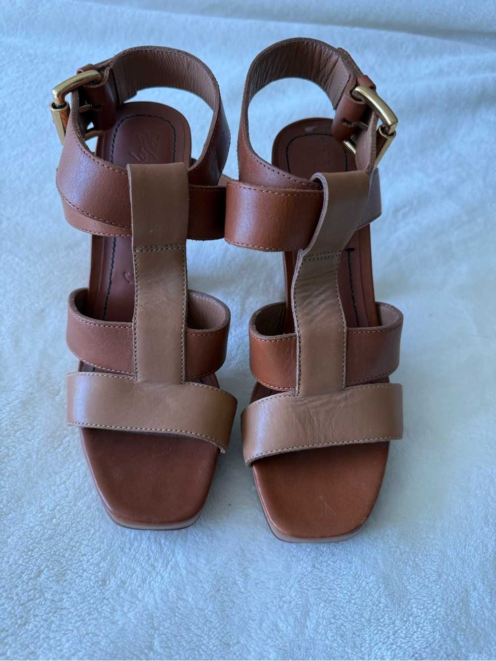 Elizabeth and James Bax Two-Tone Tan Brown Leather Strappy Heels - NWOB